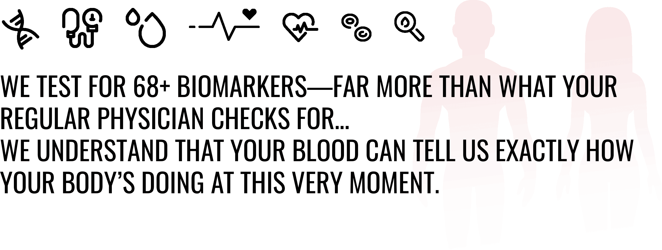 We test for 68+ biomarkers — far more than what your regular physician checks for... We understand that your blood can tell us exactly how your body's doing at this very moment.