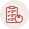 icon of a clipboard with a checklist next to an apple