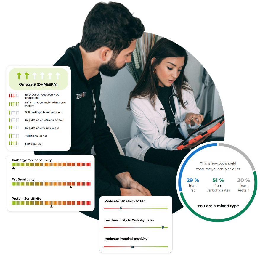 a 10X Health clinician reviewing a man's Precision Genetic Test results a 10X Health clinician reviewing a man's Precision Genetic Test results