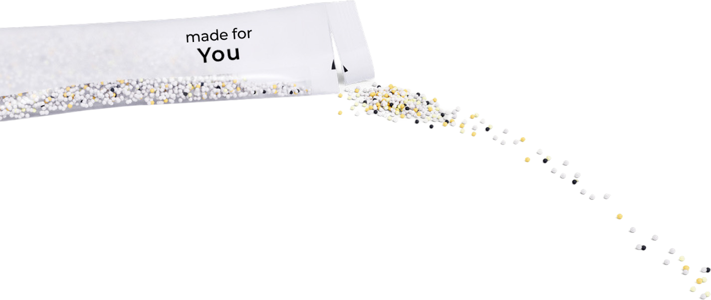 a sachet of 10X Health supplements with "made for you" printed on it a sachet of 10X Health supplements with "made for you" printed on it