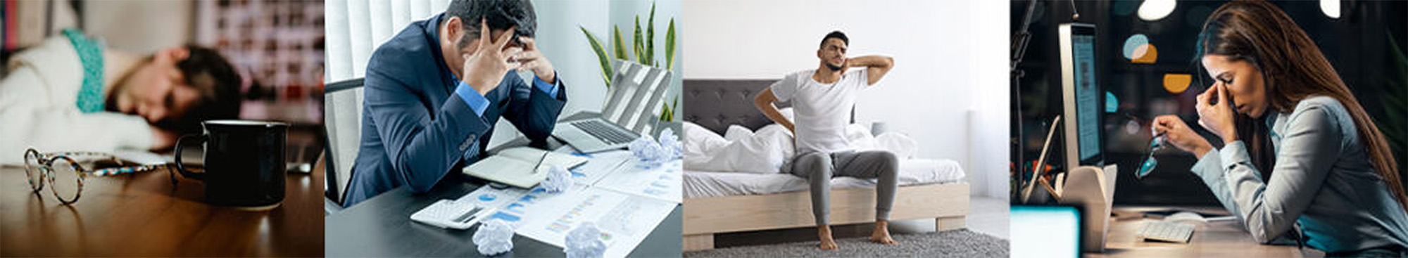 image of people experiencing symptoms of nutrient deficiencies: a person sleeping at their desk, a businessman stressing over paperwork, a man waking up with back pain, and a businesswoman stressed at her computer image of people experiencing symptoms of nutrient deficiencies: a person sleeping at their desk, a businessman stressing over paperwork, a man waking up with back pain, and a businesswoman stressed at her computer