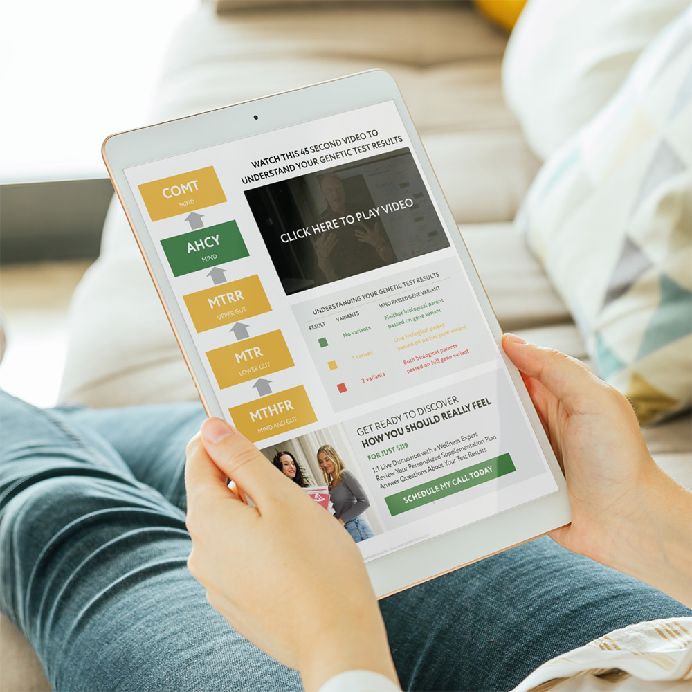 a woman reviewing 10X Health gene analysis results on a tablet