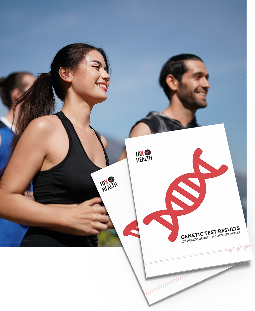 10X Health genetic test results booklet overlaid on a photo of a group of people running outside