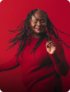 10x hormones confident woman red sweater