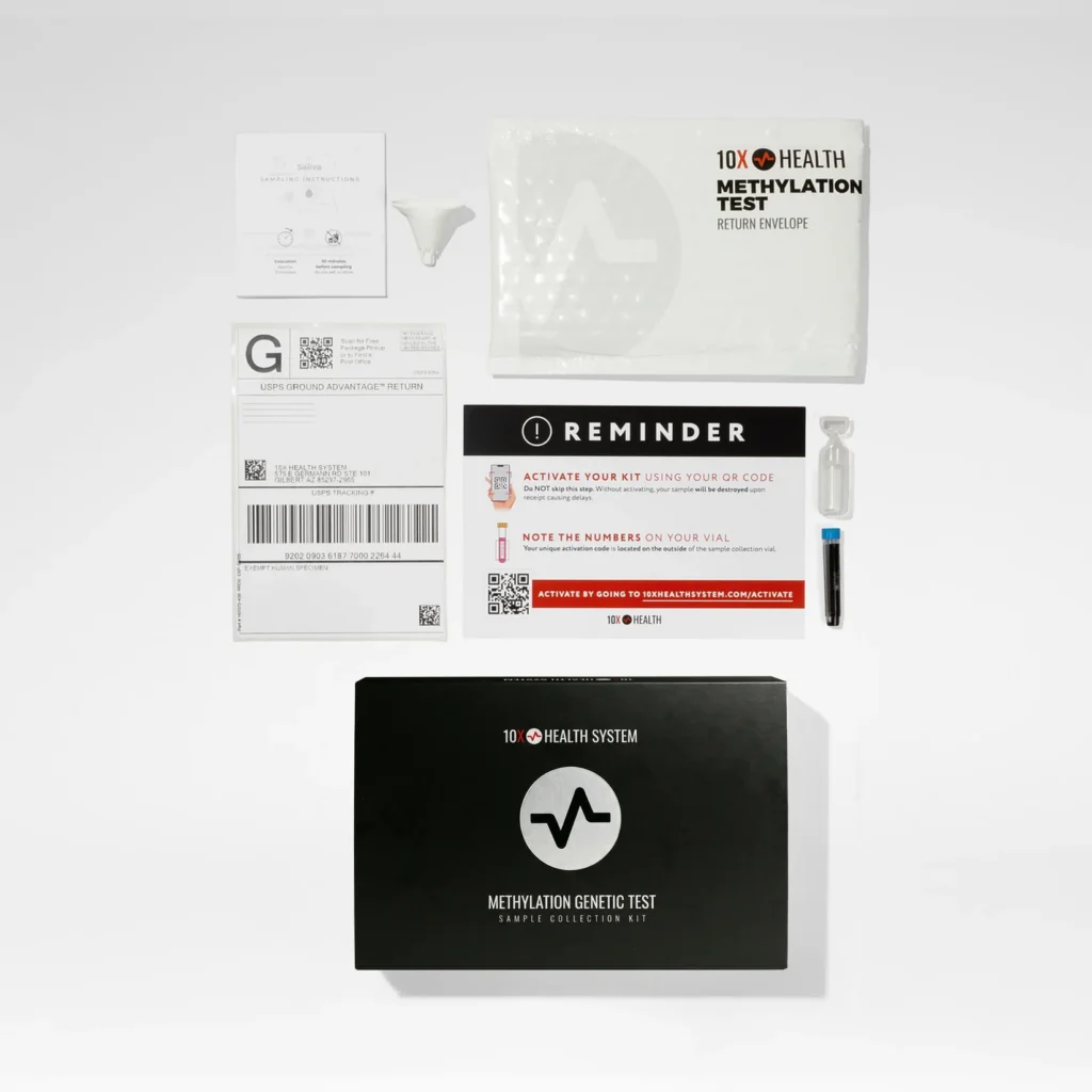 10X Health System Methylation Genetic Test Sample Collection Kit including a cheek swab, return shipping packaging and documents outlining next steps.